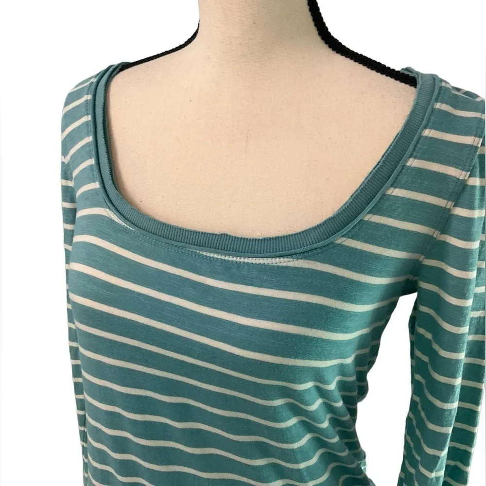 Free People Teal Striped Crochet Sleeve Cotton Long Sleeve Top Size Medium